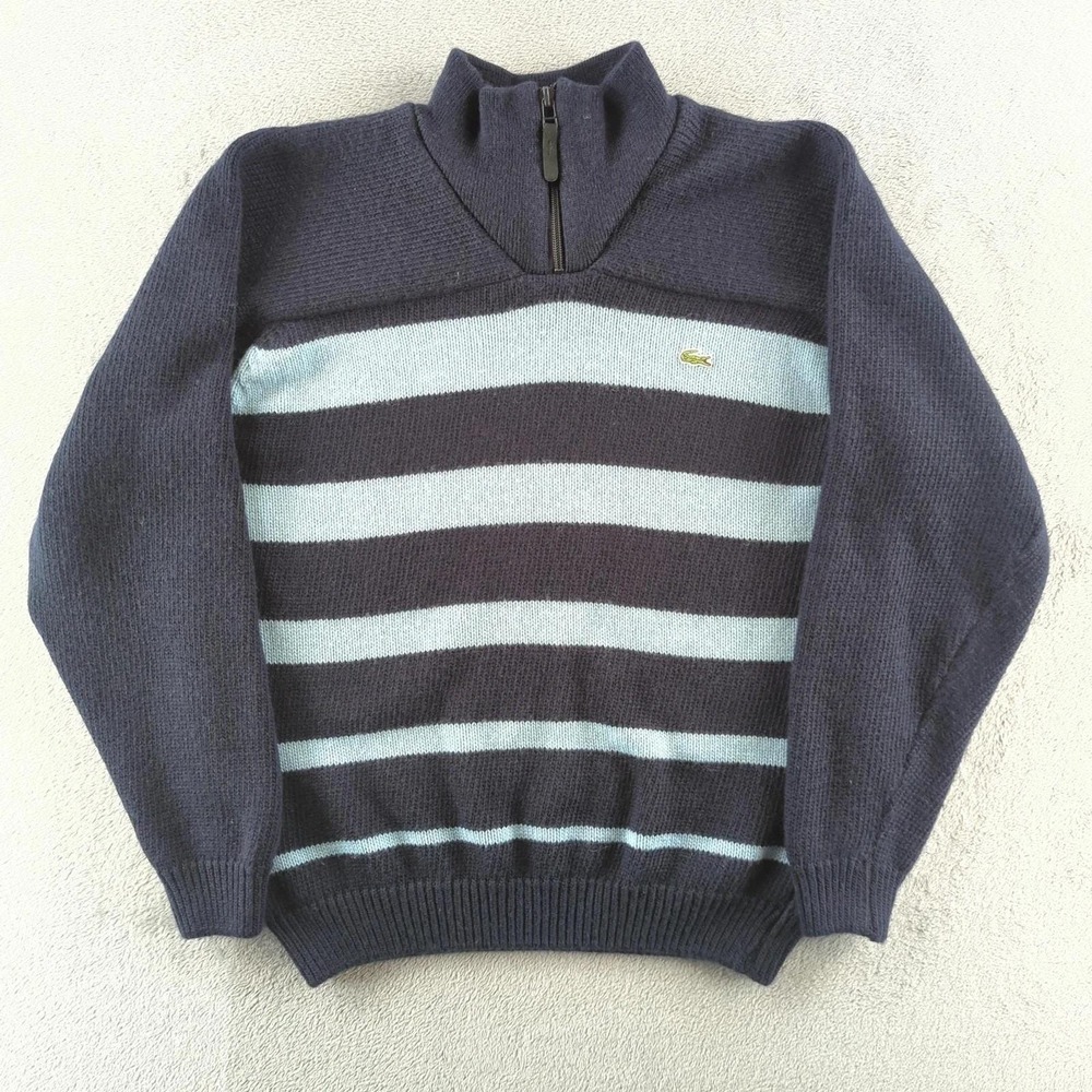 Vintage‎ Lacoste Sweater Mens 5 (Large) Blue Striped Quarter Zip Pullover Wool
